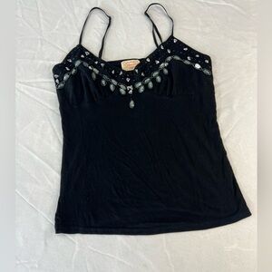Women’s Black Embellished Cami Top Beaded Rhinestone Tank Adjustable Straps Y2K